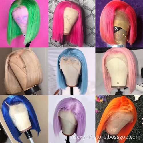 High quality virgin hair thin hd transparent lace frontal wig straight blue green pink lace front color bob wigs human hair